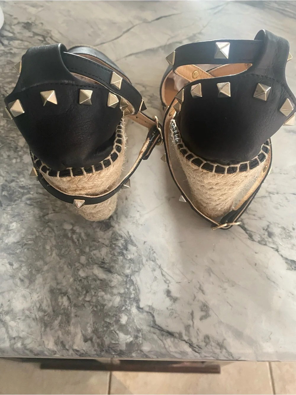 New Made in Spain Black Leather May Pol Espadrille Ankle- studded Wrap Wedges- 3